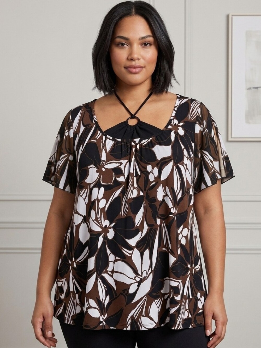 Reitmans Floral Flutter Split Sleeve Halter Top, Size 2X